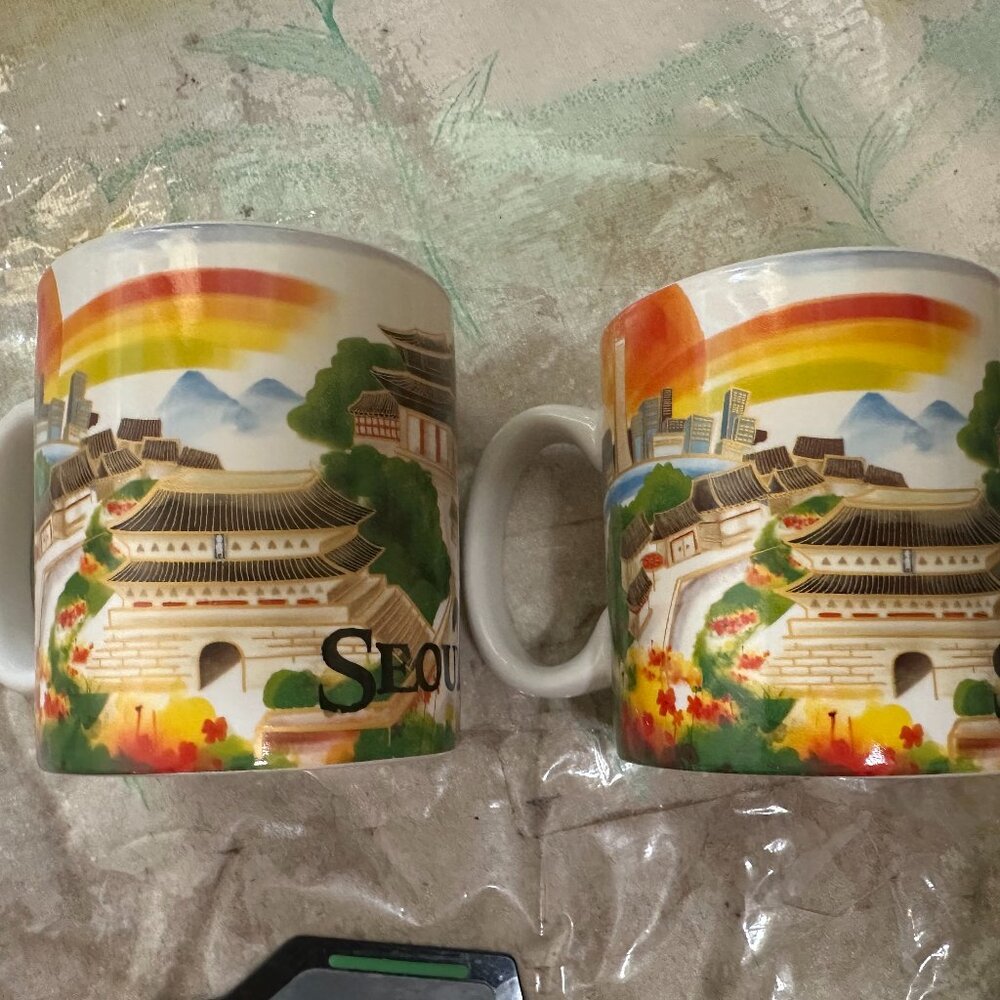 Lot of 2 Starbucks Seoul Day Coffee Mugs 16fl Oz Colorful Korea Series Cup Tea